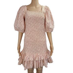 New by TiMo Women's (L) Cream & Dark Pink Floral Smocked Ruffle Mini Dress $400